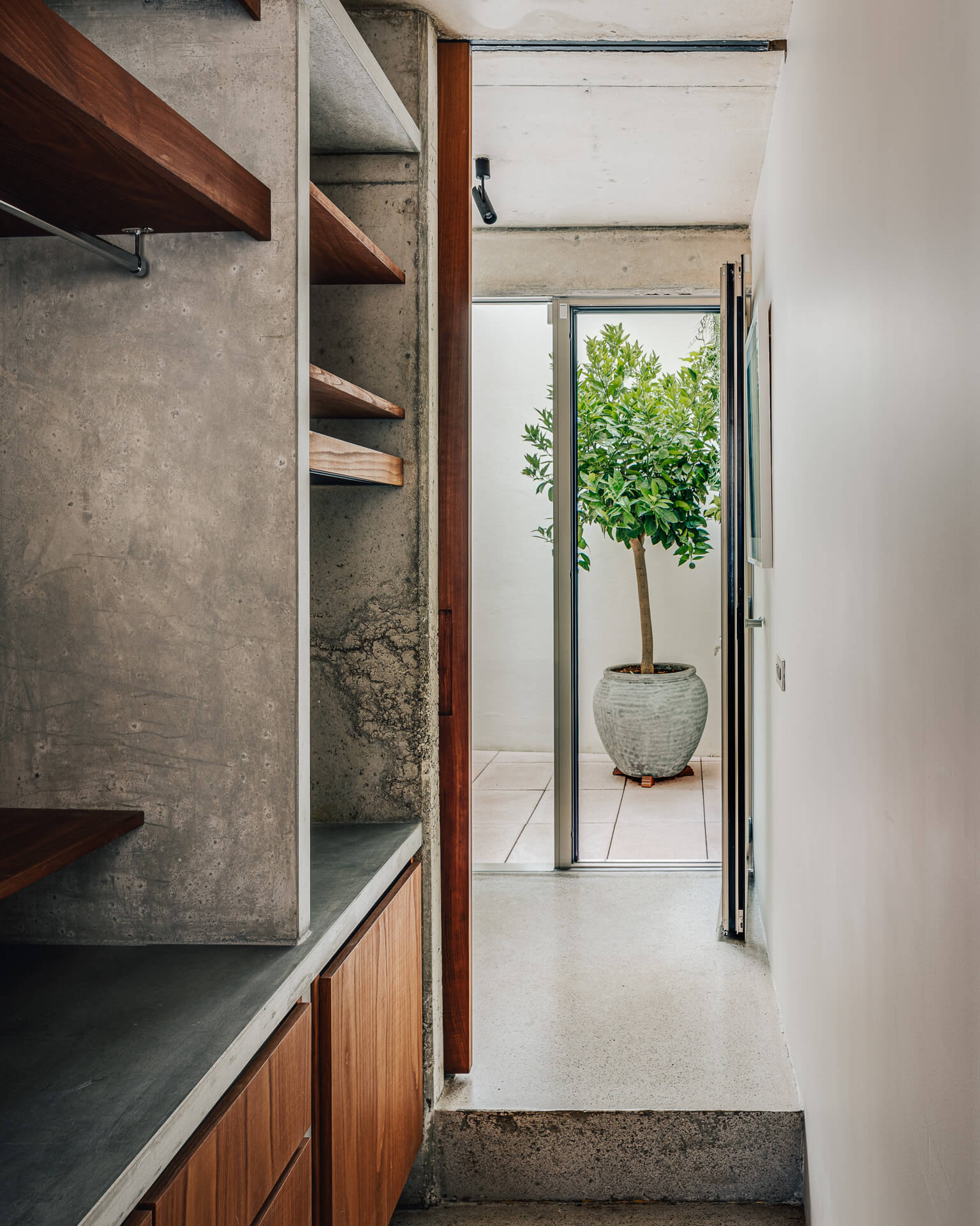 Narrow dressing area with wood cabinetry and shelving opening to a potted tree outside
