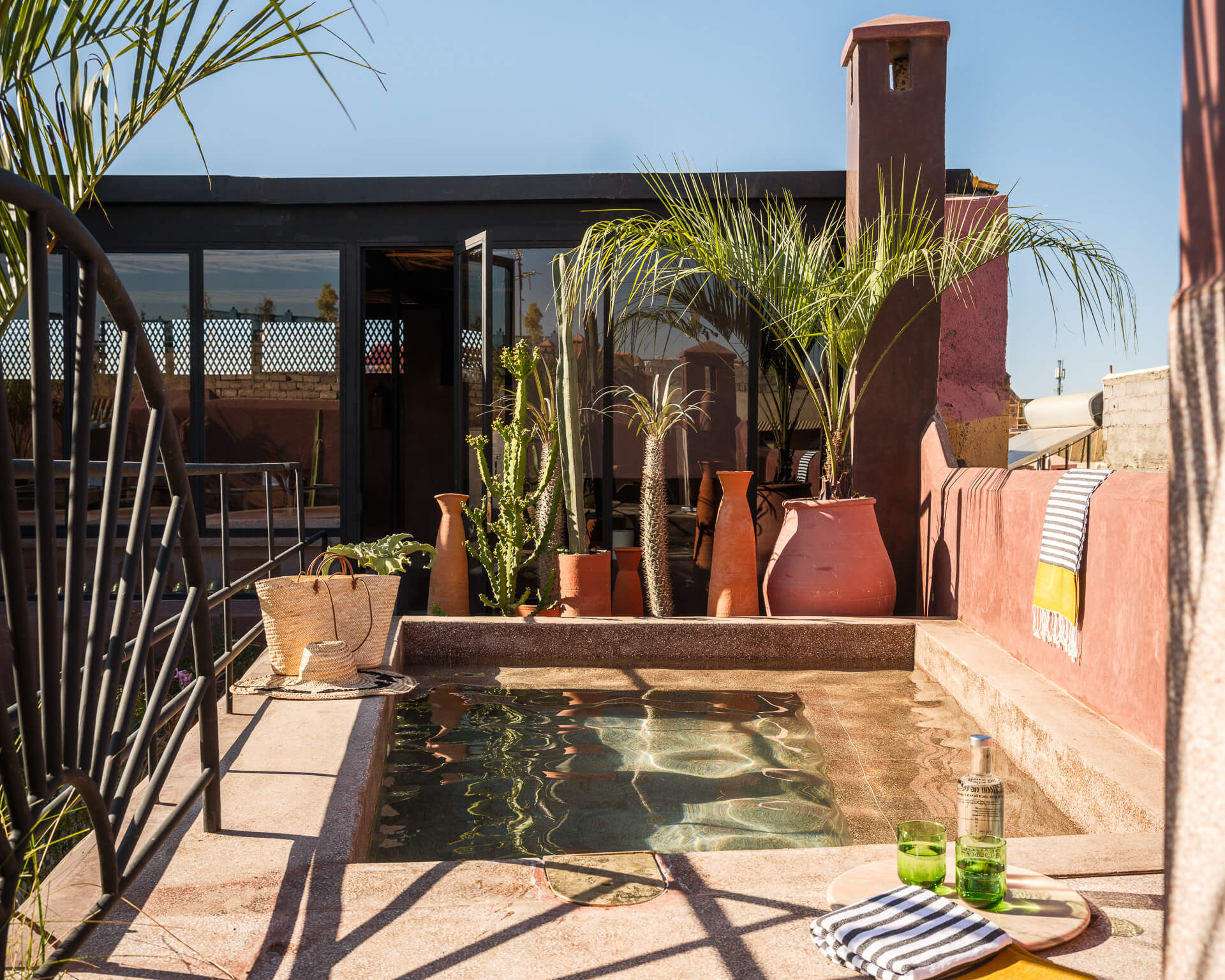 Rooftop plunge pool surrounded by palms, potted plants, and deep red plaster walls.