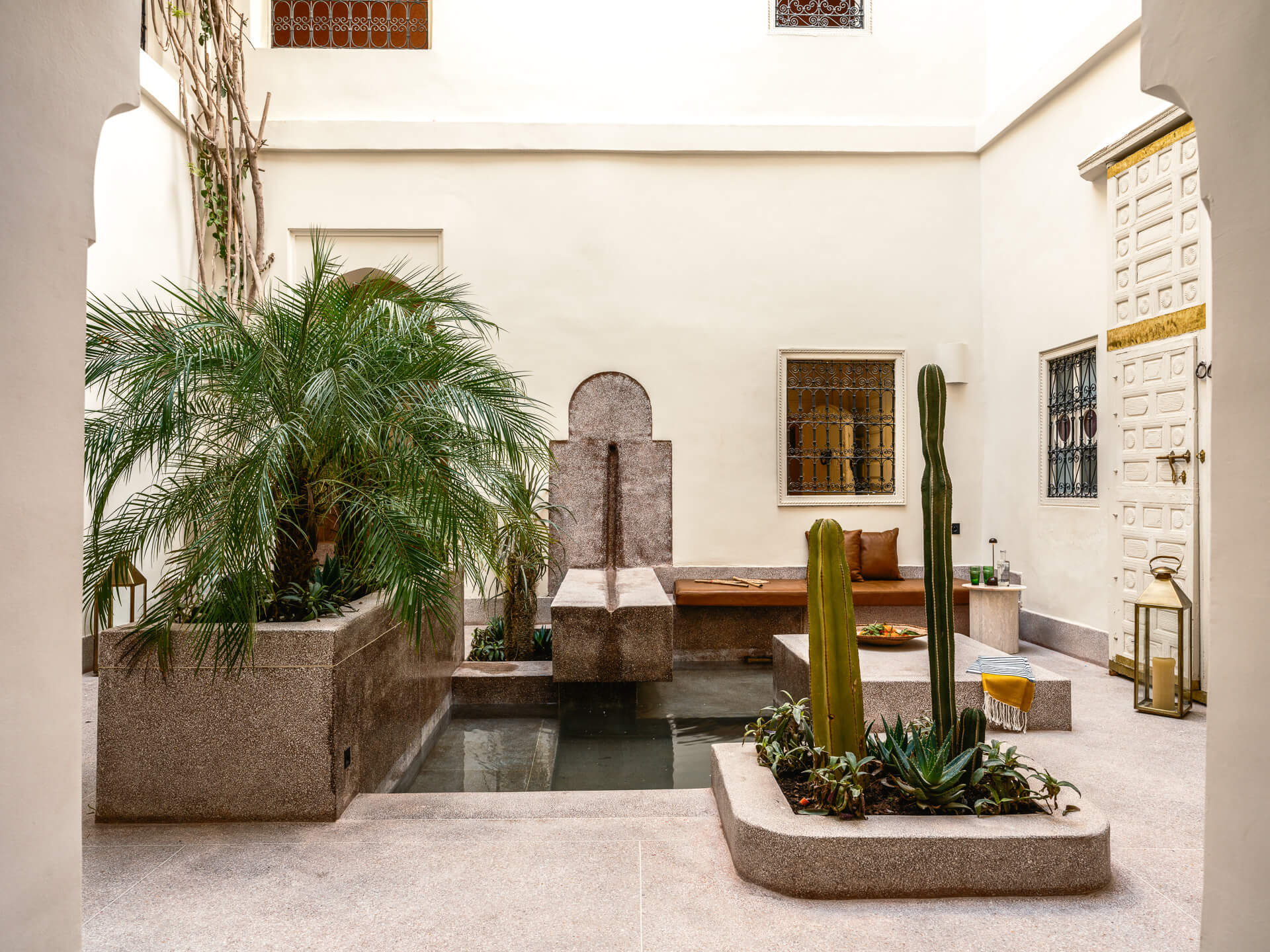 Bright courtyard with palms, cacti, stone planters, and a small reflecting pool.